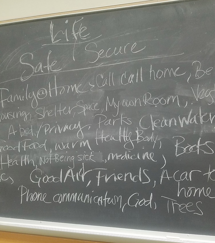 
                            Figure 1: Class answers to Robert Brooks's question, "What really makes you feel safe and secure in the world?"
                        